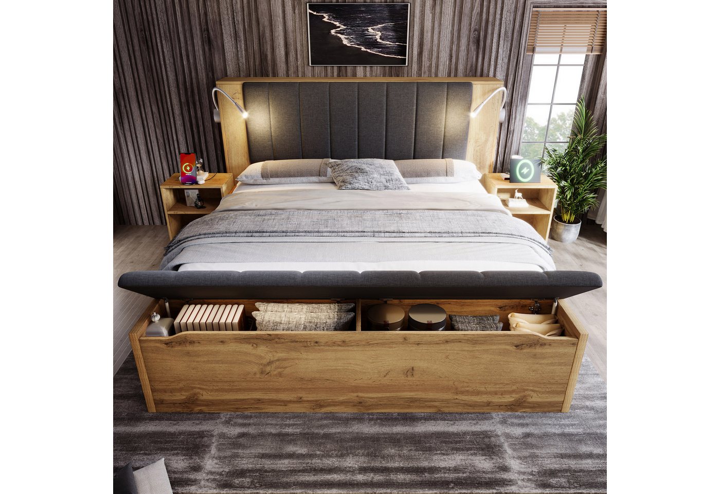 Flieks Holzbett, Doppelbett 180x200cm Stauraumkopfteil Leselicht USB Nachttisch Hocker – Bild 4 von 5