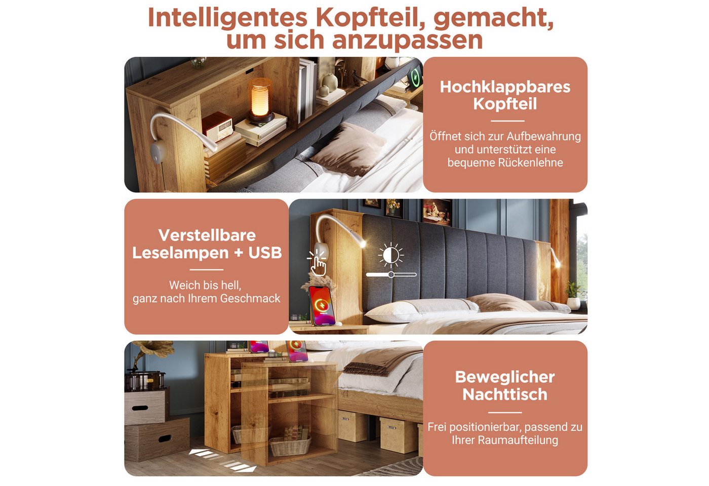 Flieks Holzbett, Doppelbett 180x200cm Stauraumkopfteil Leselicht USB Nachttisch Hocker – Bild 5 von 5