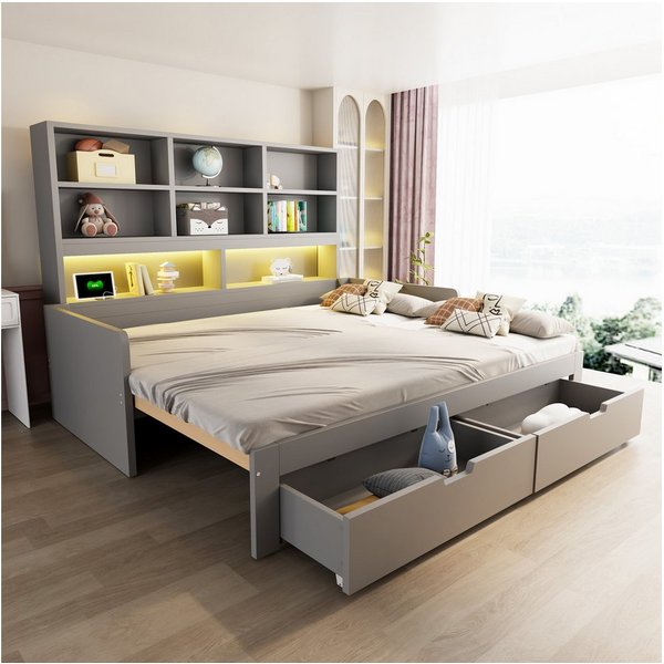 Flieks Holzbett, Kinderbett 90/180x200cm mit Ausziehbett, LED&Aufladen, vielem Stauraum