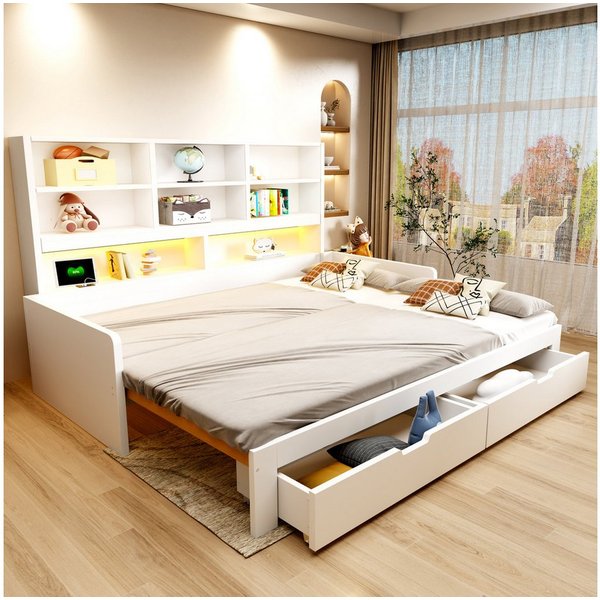 Flieks Holzbett, Kinderbett 90/180x200cm mit Ausziehbett, LED&Aufladen, vielem Stauraum