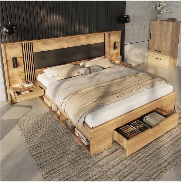 Flieks Holzbett, Stauraumbett Doppelbett 180x200cm mit Leselampe Nachttische Schublade