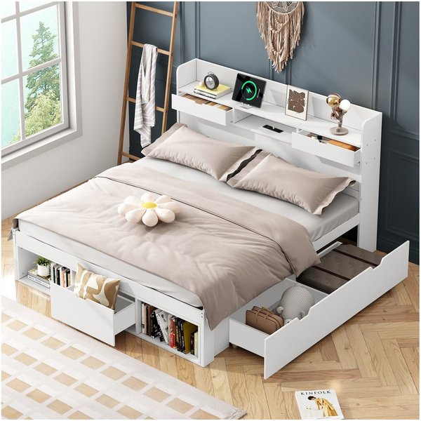Flieks Holzbett, Doppelbett 140x200cm mit USB-Laden & Schubladen & Stauraumfächer
