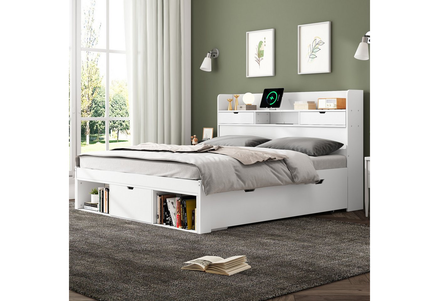 Flieks Holzbett, Doppelbett 140x200cm mit USB-Laden & Schubladen & Stauraumfächer – Bild 2 von 5
