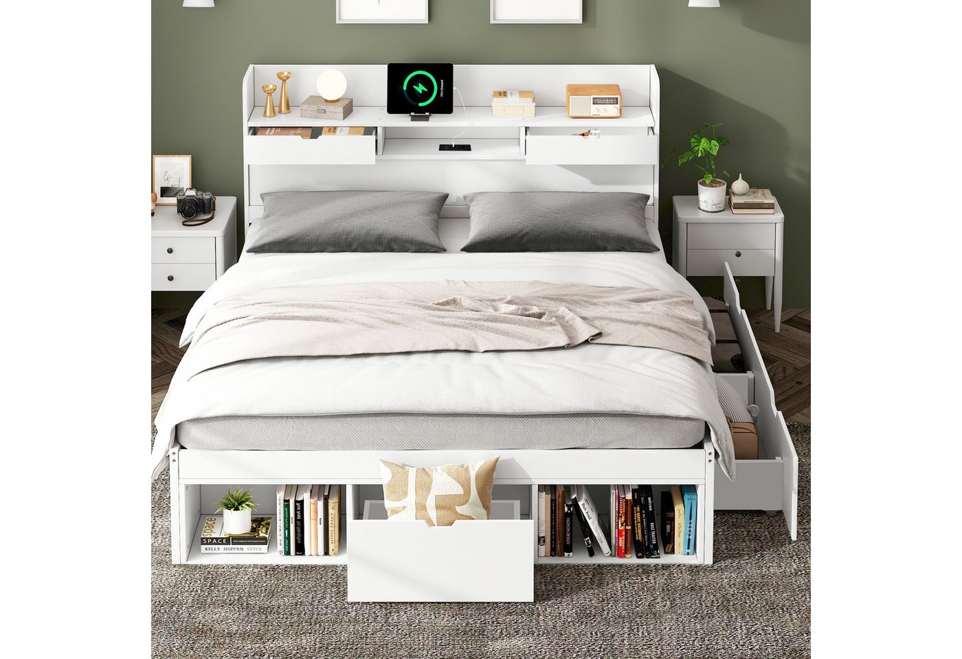 Flieks Holzbett, Doppelbett 140x200cm mit USB-Laden & Schubladen & Stauraumfächer – Bild 3 von 5