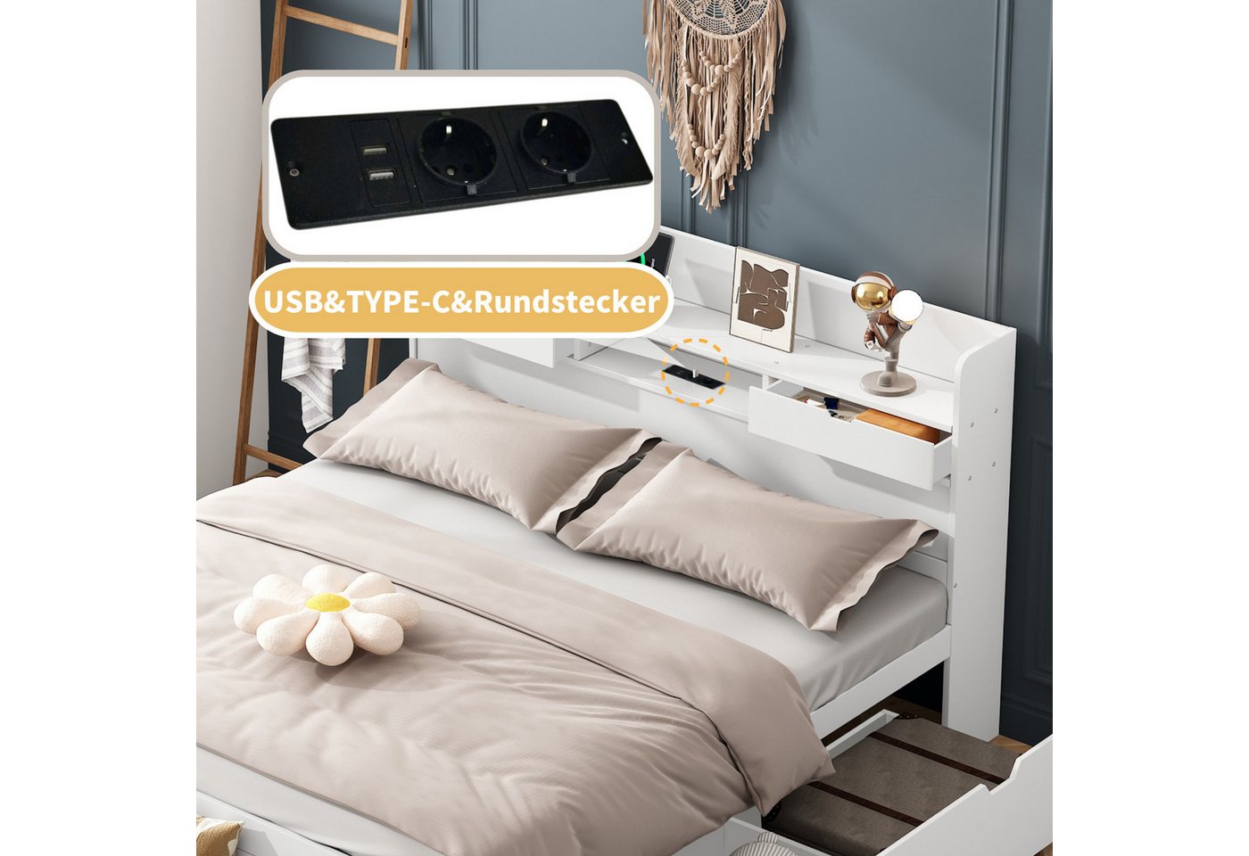 Flieks Holzbett, Doppelbett 140x200cm mit USB-Laden & Schubladen & Stauraumfächer – Bild 4 von 5