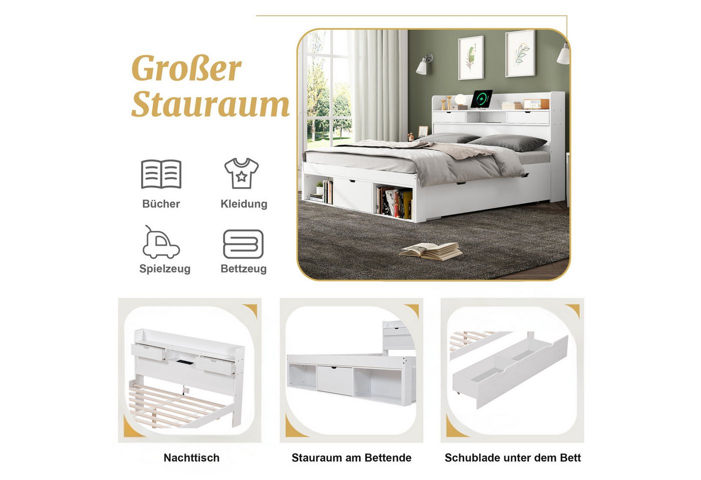 Flieks Holzbett, Doppelbett 140x200cm mit USB-Laden & Schubladen & Stauraumfächer – Bild 5 von 5