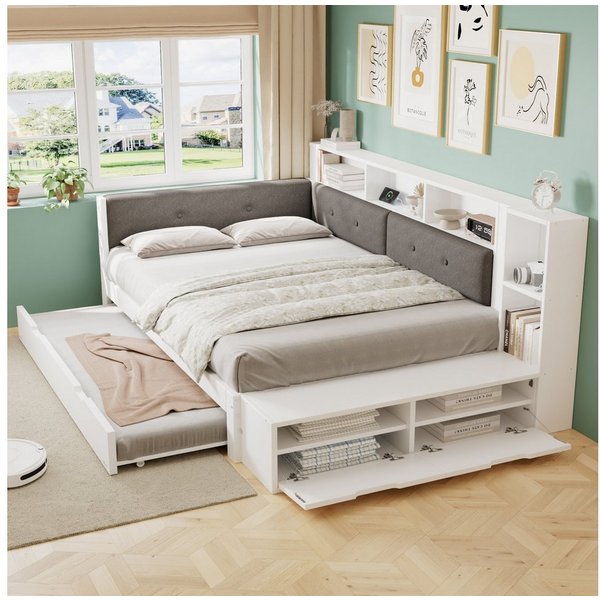 Flieks Holzbett, Stauraumbett 120x200cm mit Ausziehbett 90x190cm Ladefunktion Schuhbank