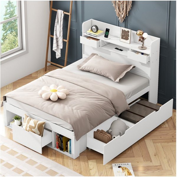 Flieks Holzbett, Einzelbett 90x190cm mit USB-Laden & Schubladen & Stauraumfächer