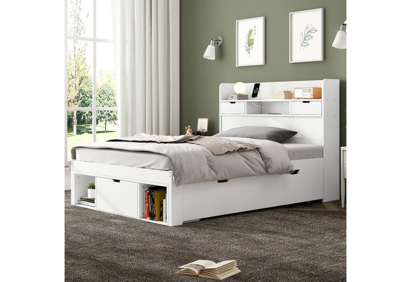 Flieks Holzbett, Einzelbett 90x190cm mit USB-Laden & Schubladen & Stauraumfächer – Bild 2 von 5