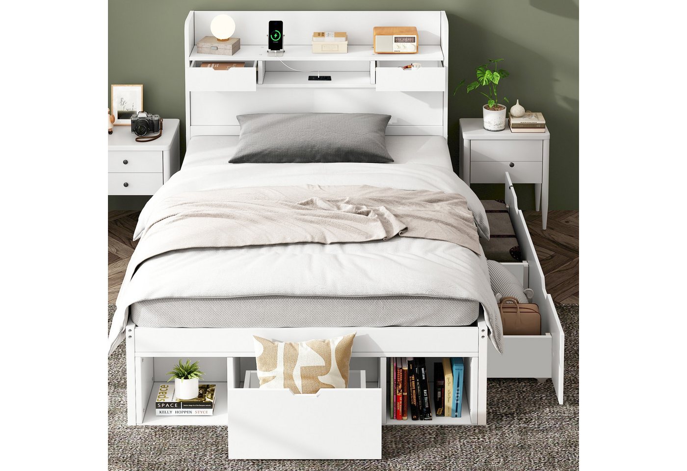 Flieks Holzbett, Einzelbett 90x190cm mit USB-Laden & Schubladen & Stauraumfächer – Bild 3 von 5
