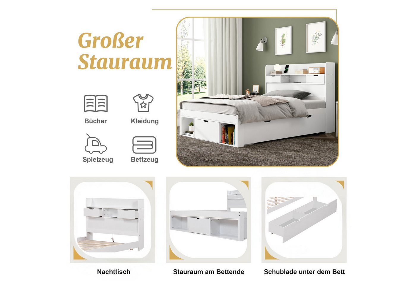 Flieks Holzbett, Einzelbett 90x190cm mit USB-Laden & Schubladen & Stauraumfächer – Bild 5 von 5