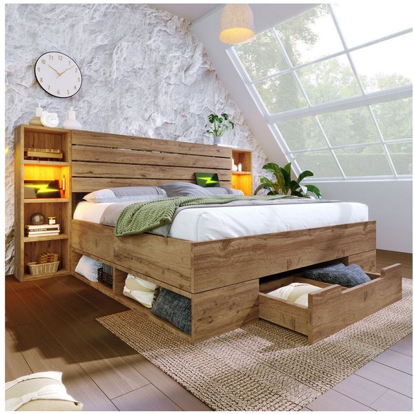 Flieks Holzbett, LED Doppelbett 180×200cm mit Aufladen, Stauraumfächer und Schubladen