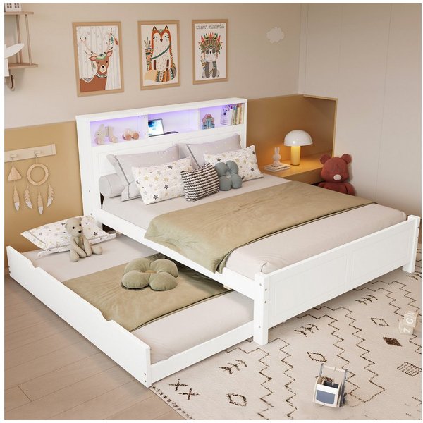Flieks Holzbett, Kinderbett 120x200cm mit Ladefunktion & LED, Ausziehbett 90x190cm