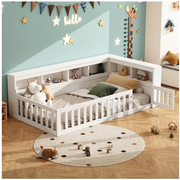 Flieks Holzbett, Kinderbett Daybett 90x200cm mit Stauraum, Aufladen und Geländer