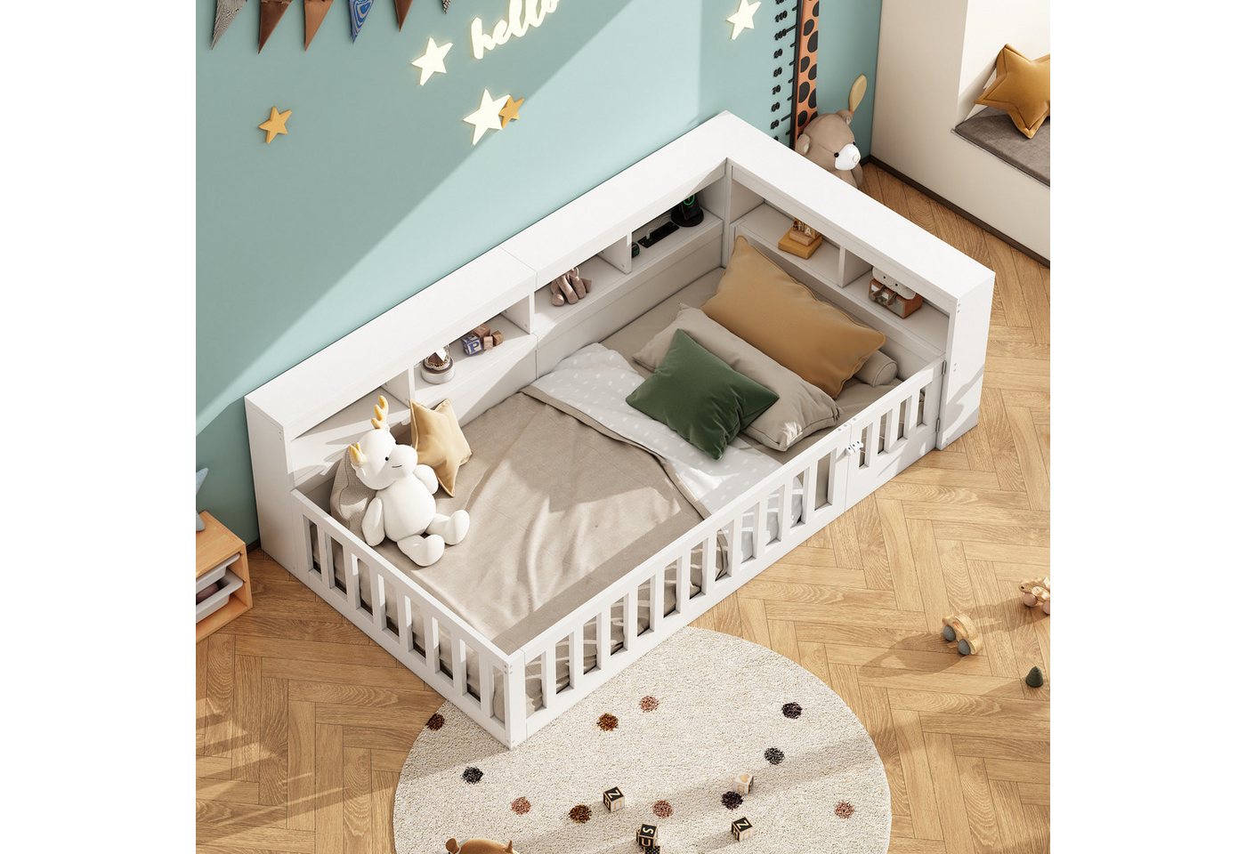 Flieks Holzbett, Kinderbett Daybett 90x200cm mit Stauraum, Aufladen und Geländer – Bild 3 von 5