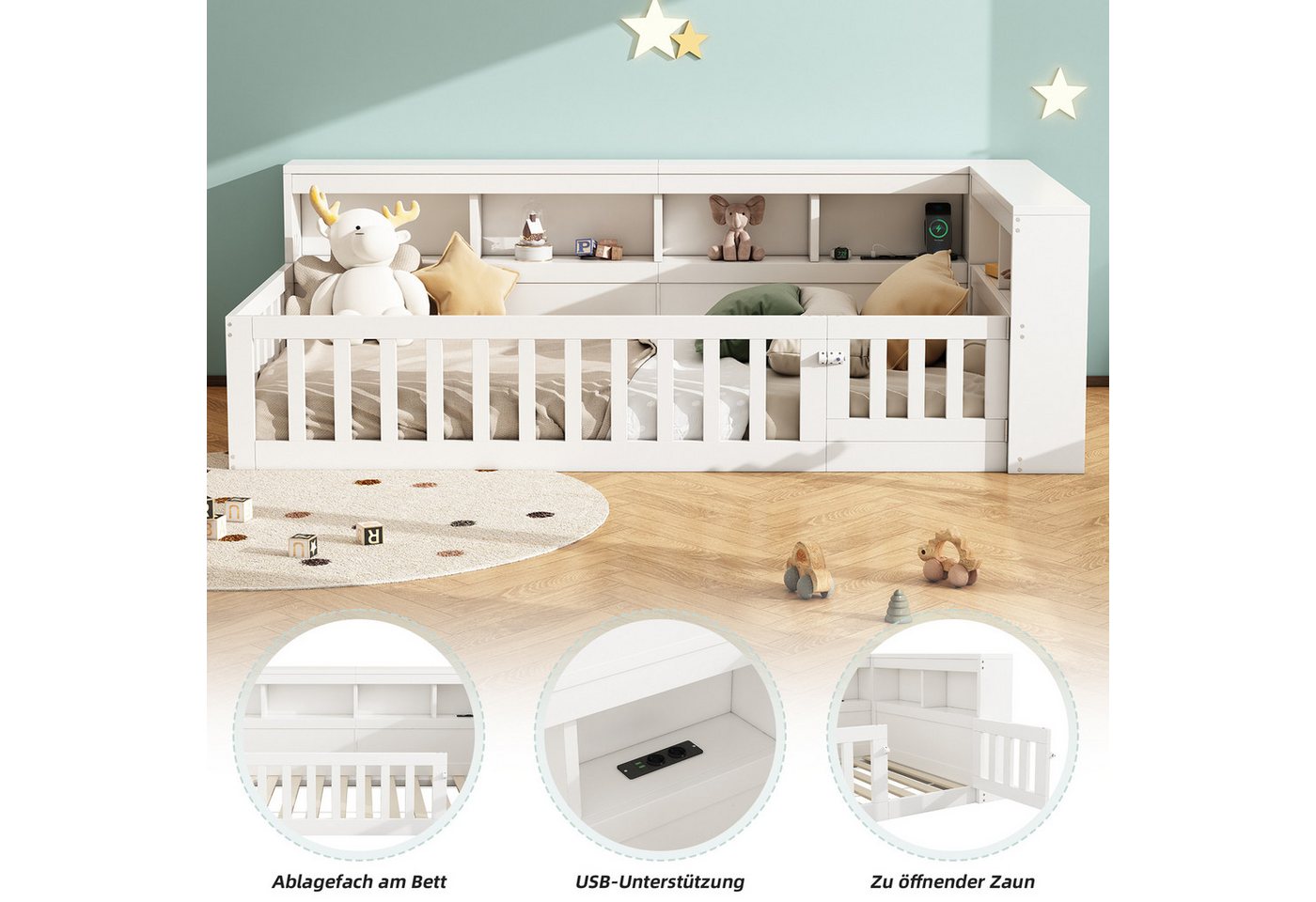 Flieks Holzbett, Kinderbett Daybett 90x200cm mit Stauraum, Aufladen und Geländer – Bild 4 von 5