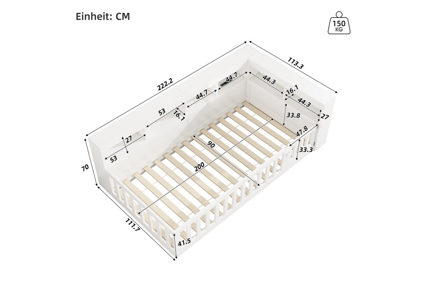 Flieks Holzbett, Kinderbett Daybett 90x200cm mit Stauraum, Aufladen und Geländer – Bild 5 von 5