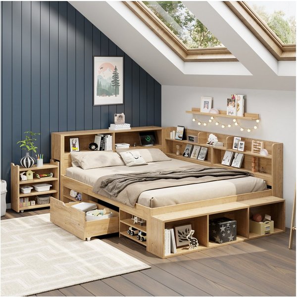 Flieks Holzbett, Kinderbett 140x200 mit Ladefunktion Schublade ausziehbarem Nachttisch
