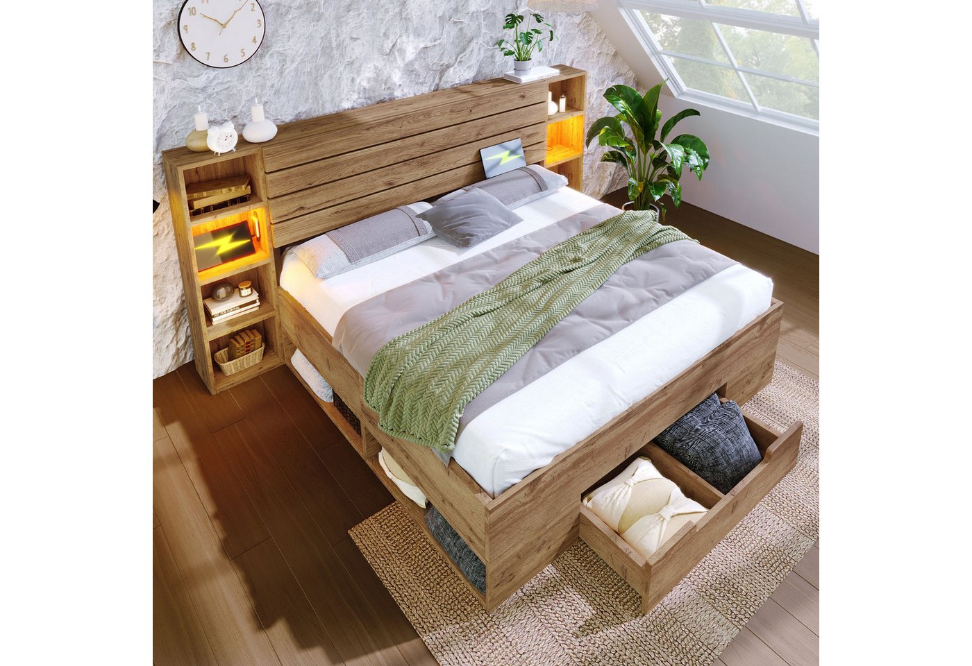 Flieks Holzbett, LED Doppelbett 160×200cm mit Aufladen, Stauraumfächer und Schubladen – Bild 2 von 5