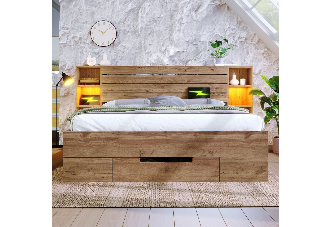 Flieks Holzbett, LED Doppelbett 160×200cm mit Aufladen, Stauraumfächer und Schubladen – Bild 3 von 5