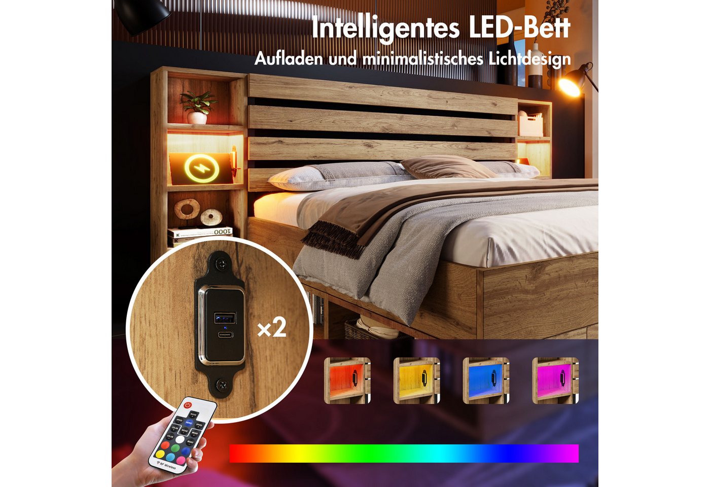 Flieks Holzbett, LED Doppelbett 160×200cm mit Aufladen, Stauraumfächer und Schubladen – Bild 4 von 5