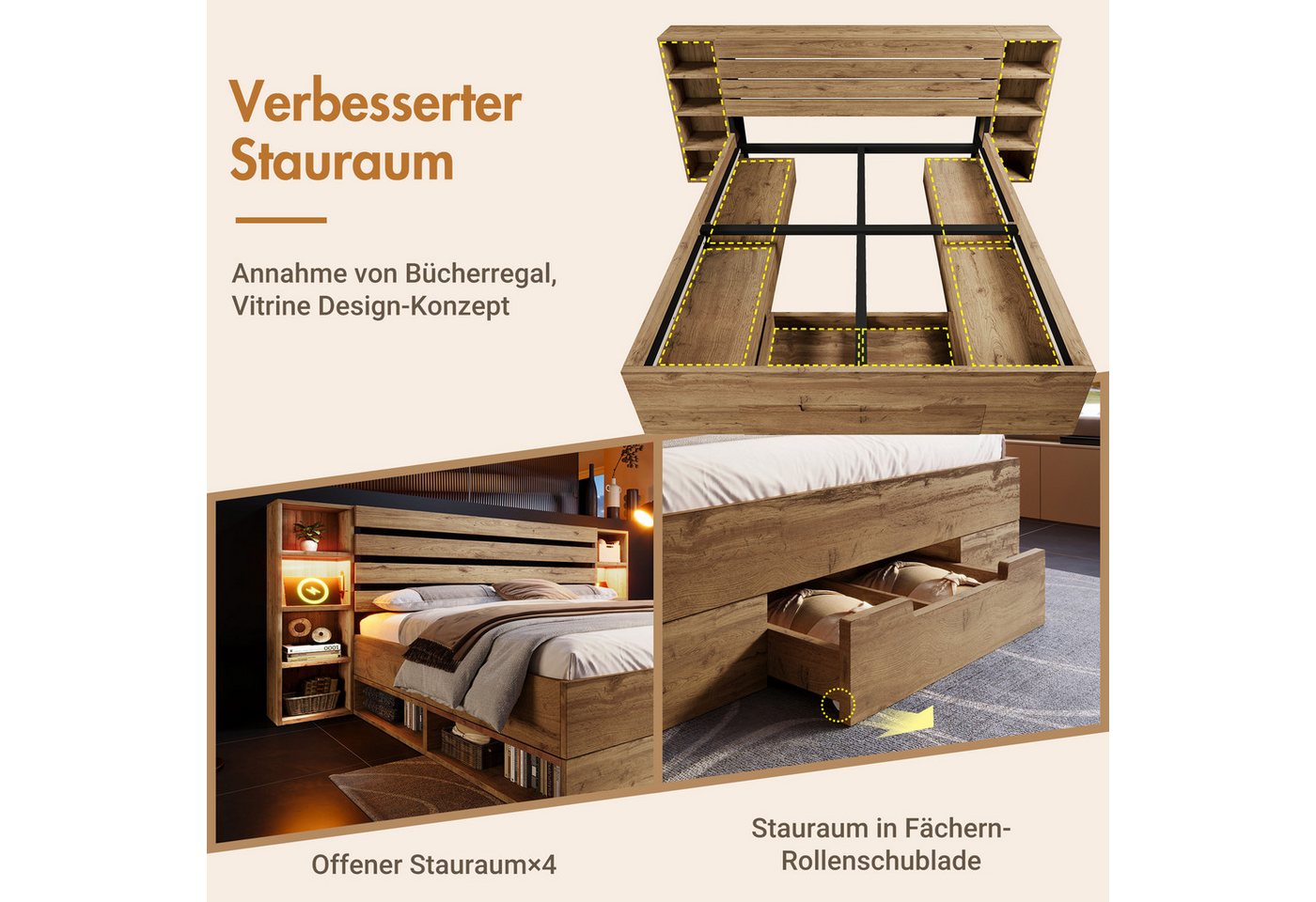 Flieks Holzbett, LED Doppelbett 160×200cm mit Aufladen, Stauraumfächer und Schubladen – Bild 5 von 5