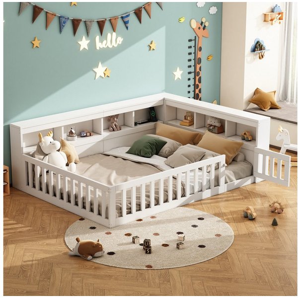Flieks Holzbett, Kinderbett Daybett 140x200cm mit Stauraum, Aufladen und Geländer