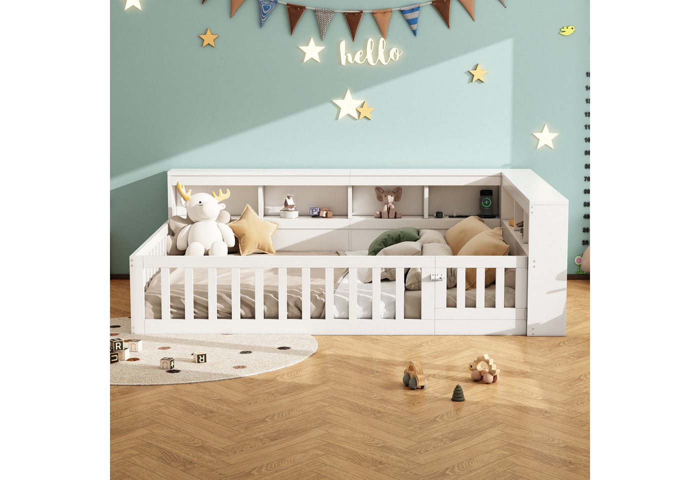 Flieks Holzbett, Kinderbett Daybett 140x200cm mit Stauraum, Aufladen und Geländer – Bild 2 von 5