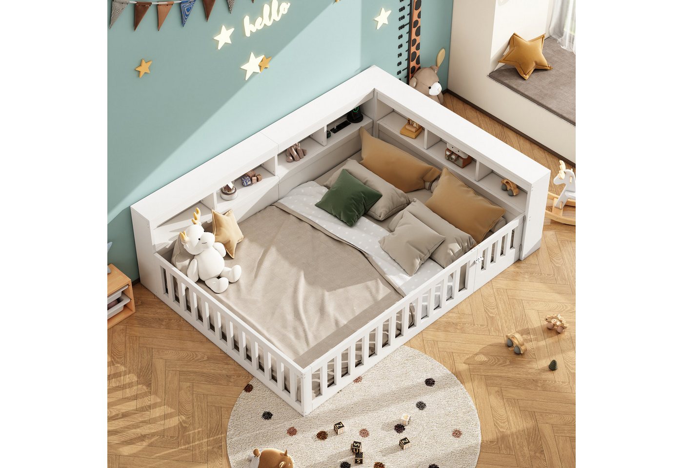 Flieks Holzbett, Kinderbett Daybett 140x200cm mit Stauraum, Aufladen und Geländer – Bild 3 von 5