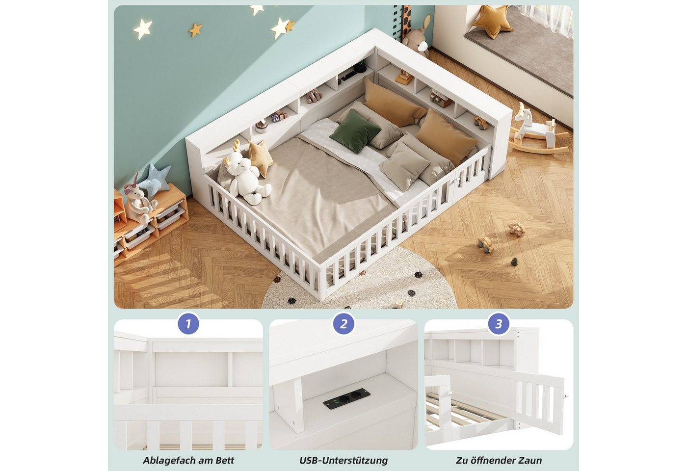 Flieks Holzbett, Kinderbett Daybett 140x200cm mit Stauraum, Aufladen und Geländer – Bild 4 von 5