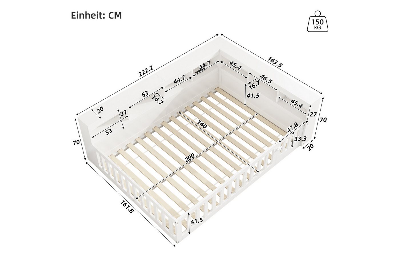 Flieks Holzbett, Kinderbett Daybett 140x200cm mit Stauraum, Aufladen und Geländer – Bild 5 von 5