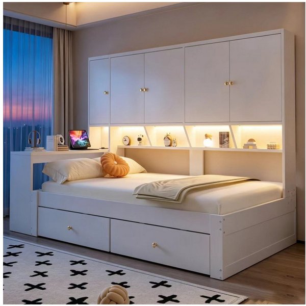 Flieks Holzbett, Stauraumbett 90x200cm mit Schreibtisch, 2 Schubladen, LED & Aufladen