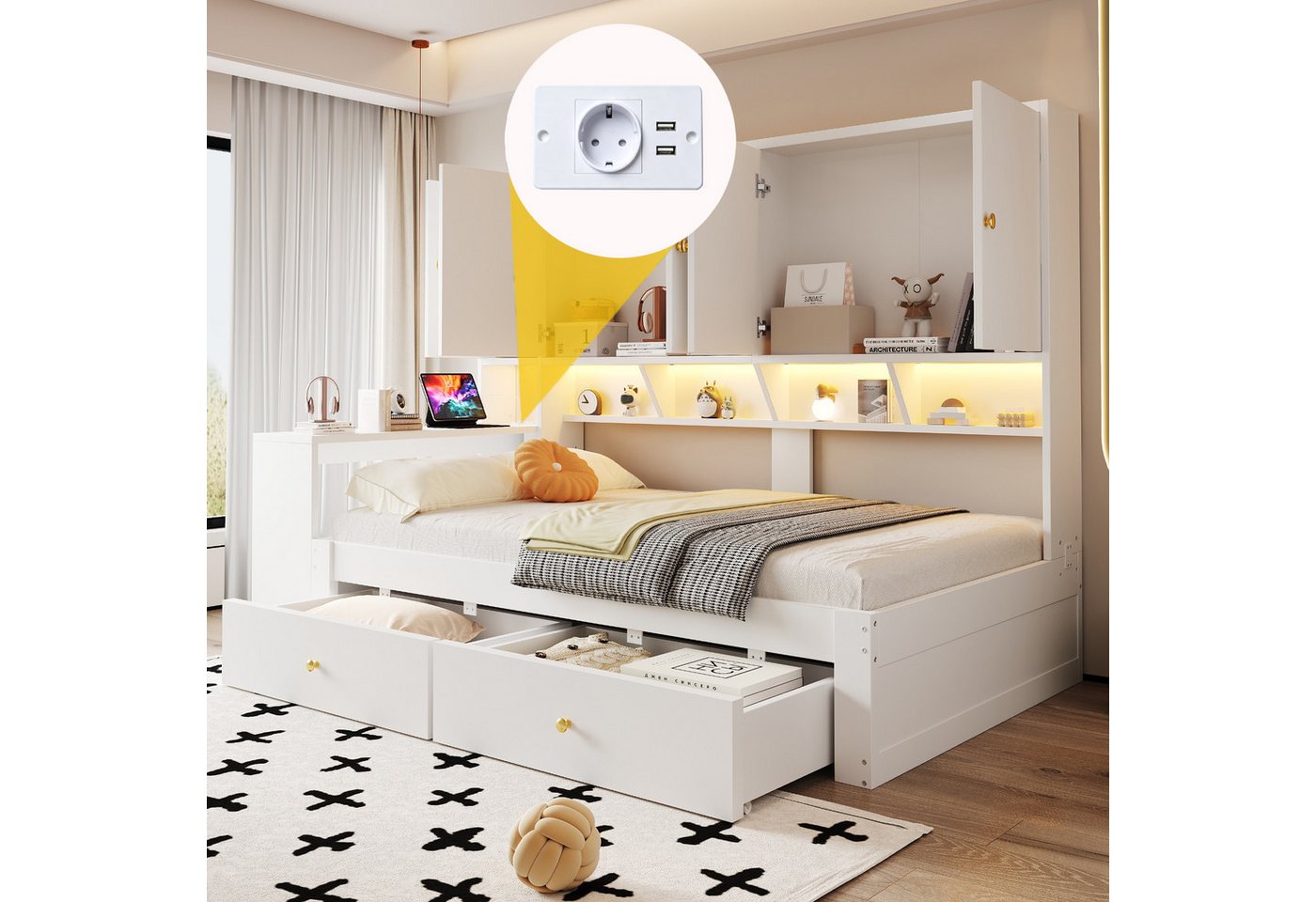 Flieks Holzbett, Stauraumbett 90x200cm mit Schreibtisch, 2 Schubladen, LED & Aufladen – Bild 3 von 5