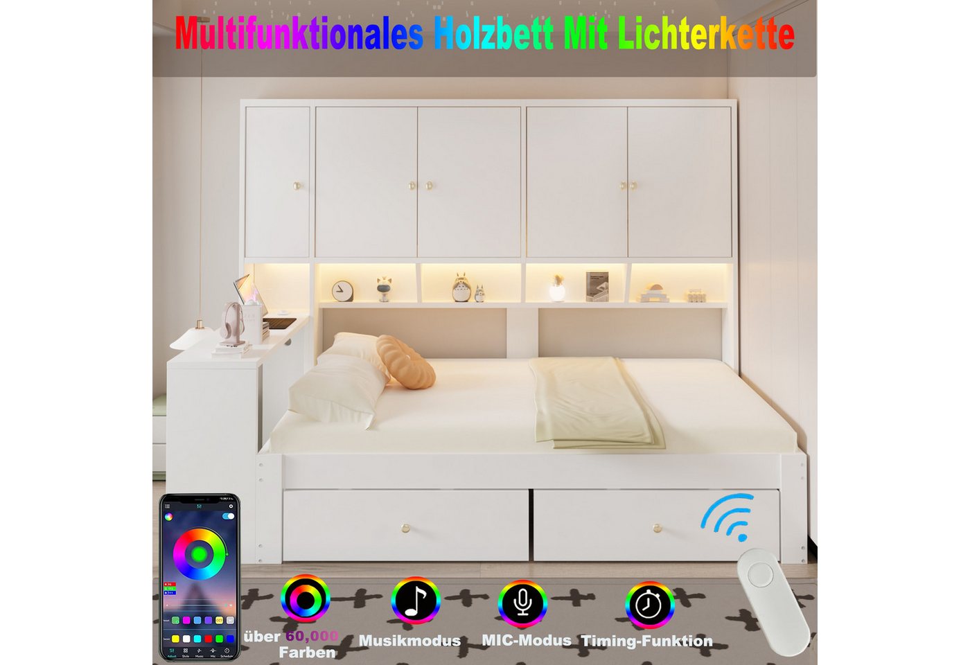 Flieks Holzbett, Stauraumbett 90x200cm mit Schreibtisch, 2 Schubladen, LED & Aufladen – Bild 4 von 5