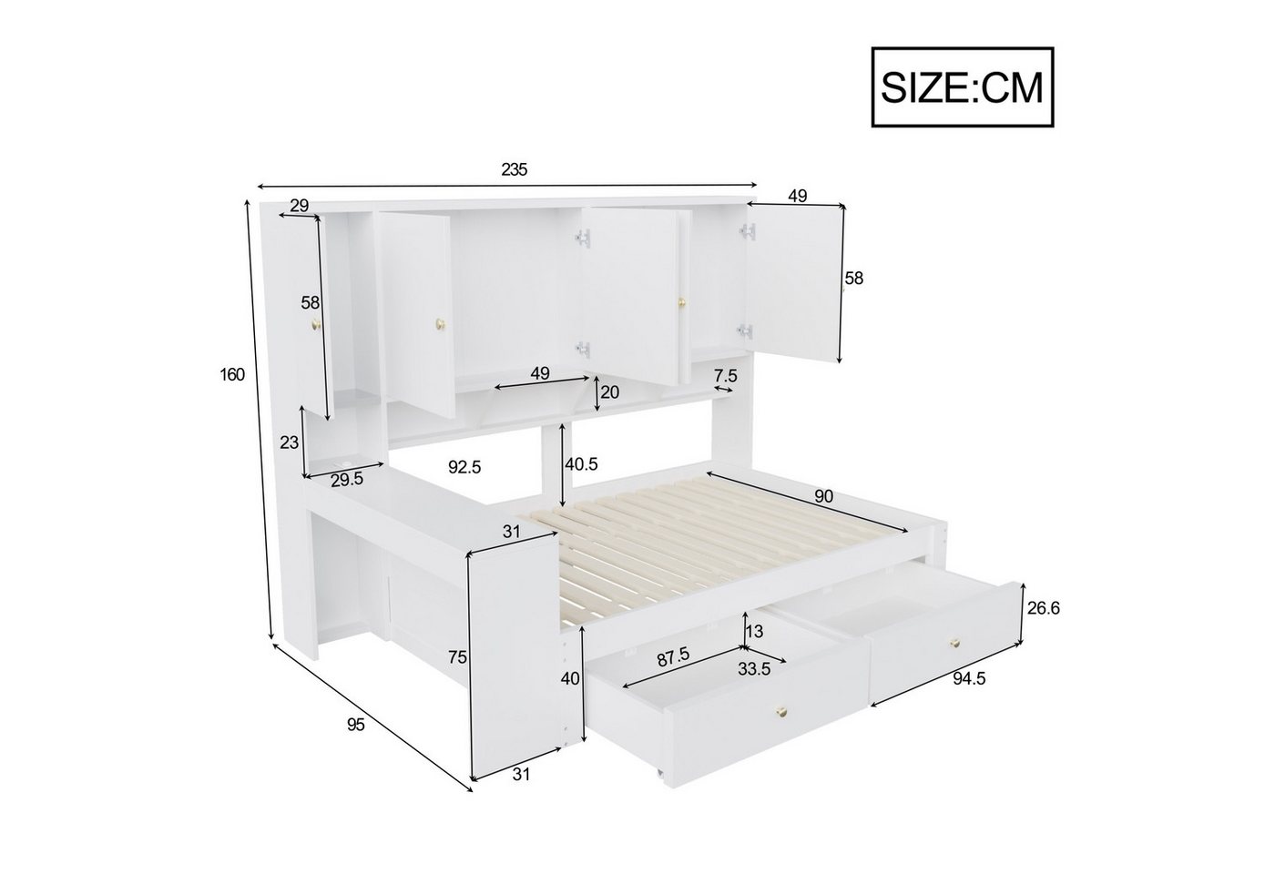 Flieks Holzbett, Stauraumbett 90x200cm mit Schreibtisch, 2 Schubladen, LED & Aufladen – Bild 5 von 5