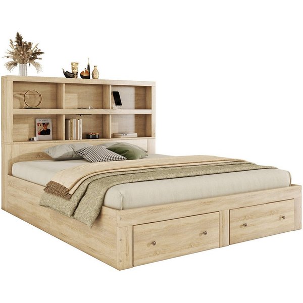 Flieks Holzbett, Doppelbett mit 2 Schubladen & USB Anschluss 160x200cm