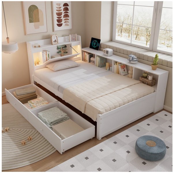 Flieks Holzbett, Einzelbett Kinderbett 90x200cm mit LED Stauraum Aufladen 2 Schubladen