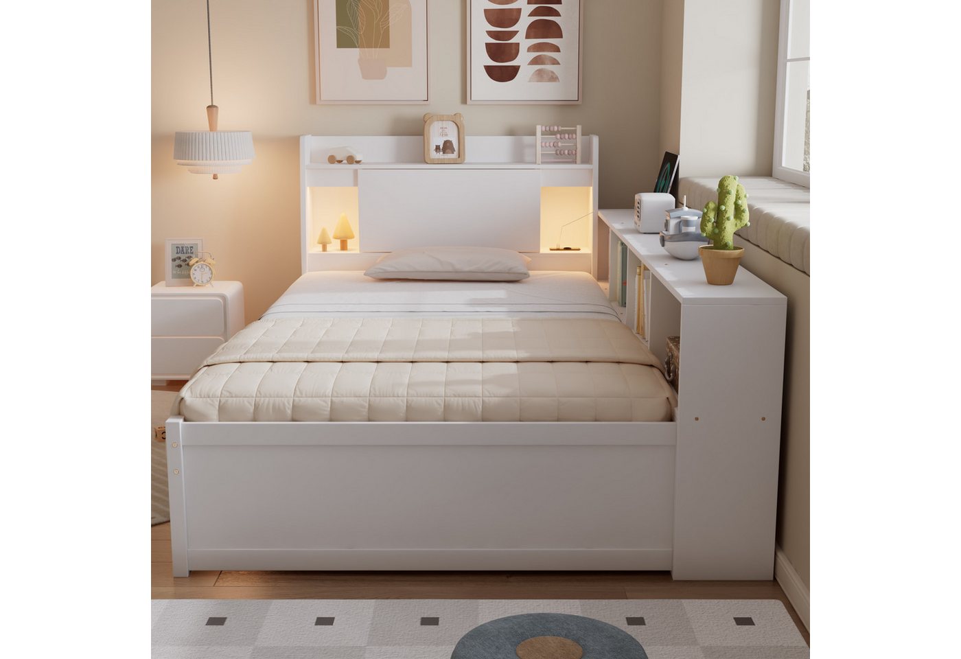 Flieks Holzbett, Einzelbett Kinderbett 90x200cm mit LED Stauraum Aufladen 2 Schubladen – Bild 2 von 5