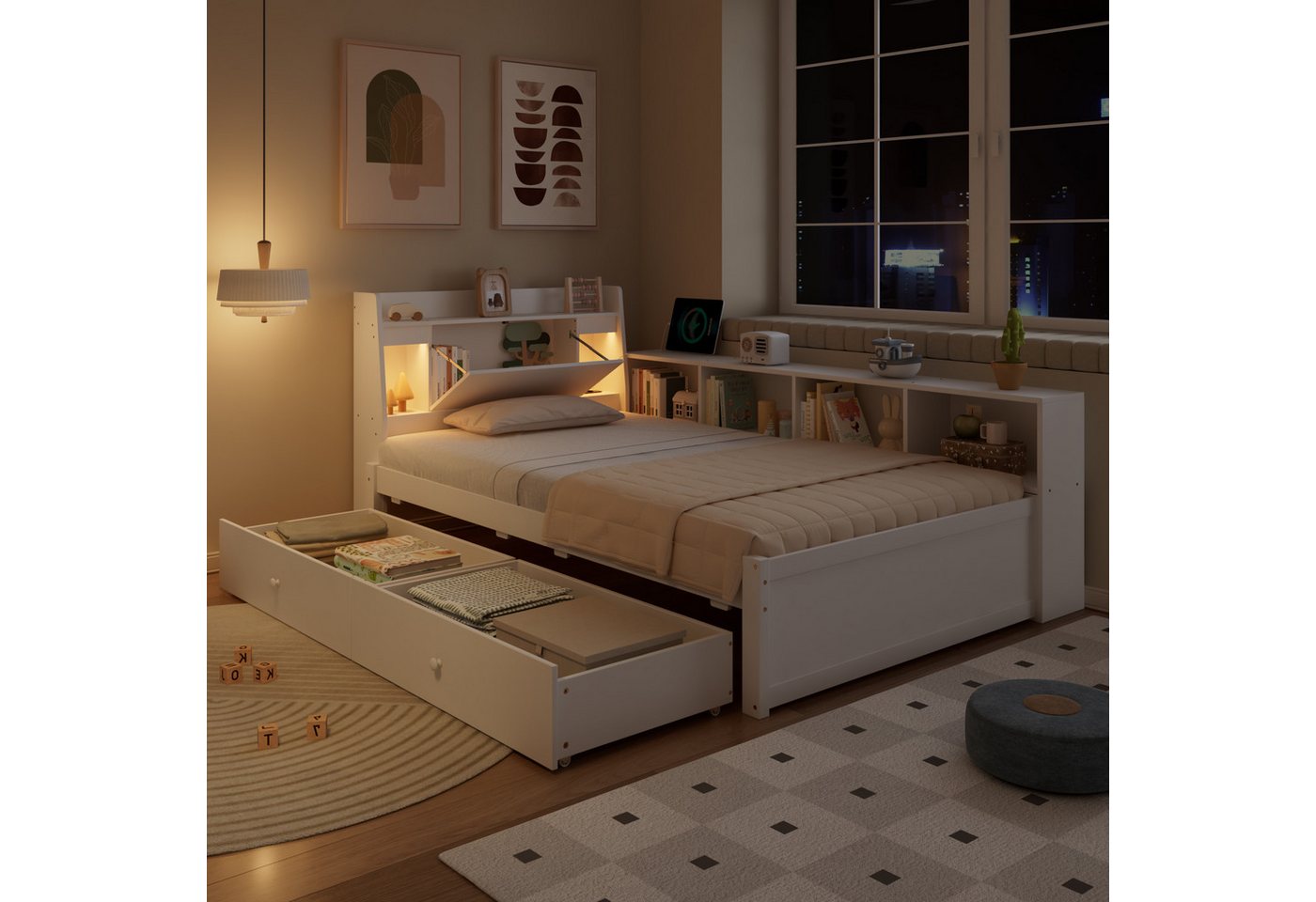 Flieks Holzbett, Einzelbett Kinderbett 90x200cm mit LED Stauraum Aufladen 2 Schubladen – Bild 3 von 5