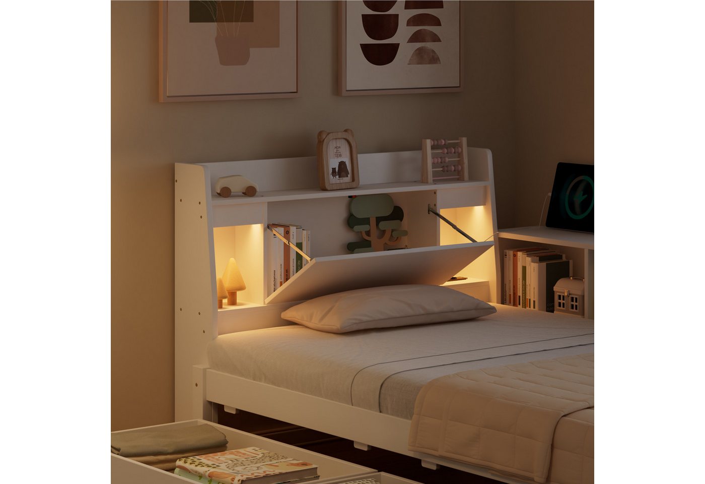 Flieks Holzbett, Einzelbett Kinderbett 90x200cm mit LED Stauraum Aufladen 2 Schubladen – Bild 4 von 5