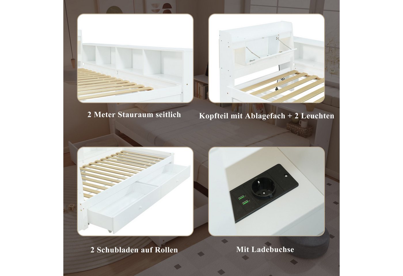 Flieks Holzbett, Einzelbett Kinderbett 90x200cm mit LED Stauraum Aufladen 2 Schubladen – Bild 5 von 5