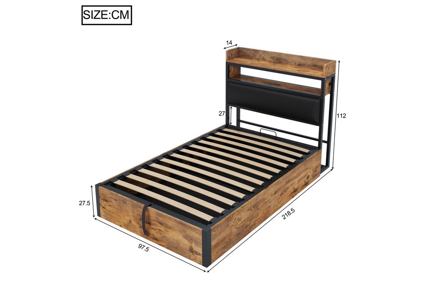 Flieks Holzbett, Hydraulisches Stauraumbett Metallbett Einzelbett 90x200cm USB-Laden – Bild 5 von 5