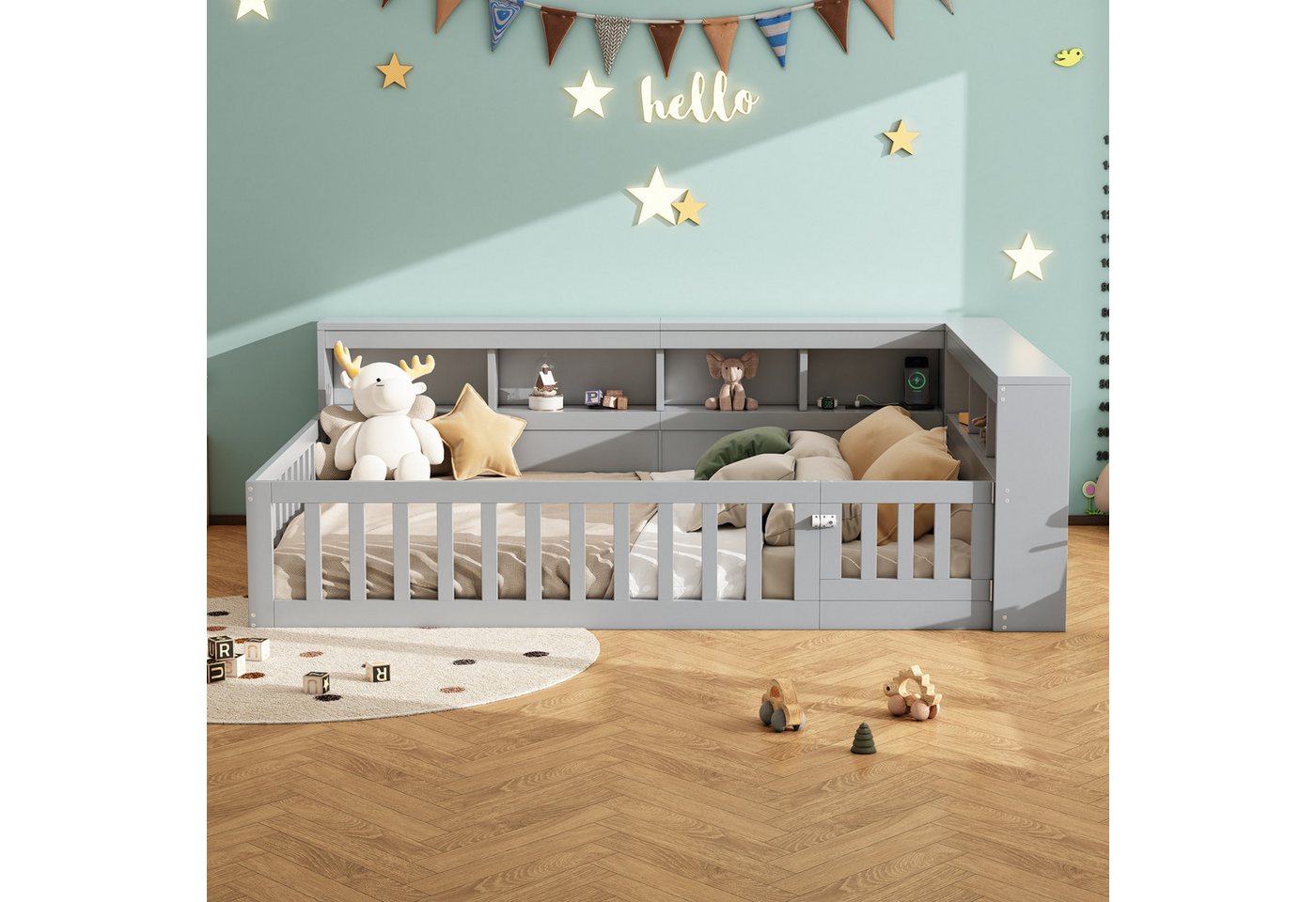 Flieks Holzbett, Kinderbett Daybett 140x200cm mit Stauraum, Aufladen und Geländer – Bild 2 von 5