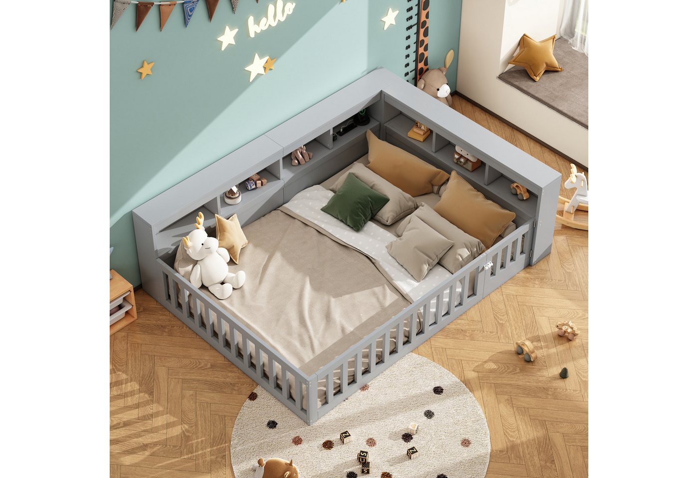 Flieks Holzbett, Kinderbett Daybett 140x200cm mit Stauraum, Aufladen und Geländer – Bild 3 von 5