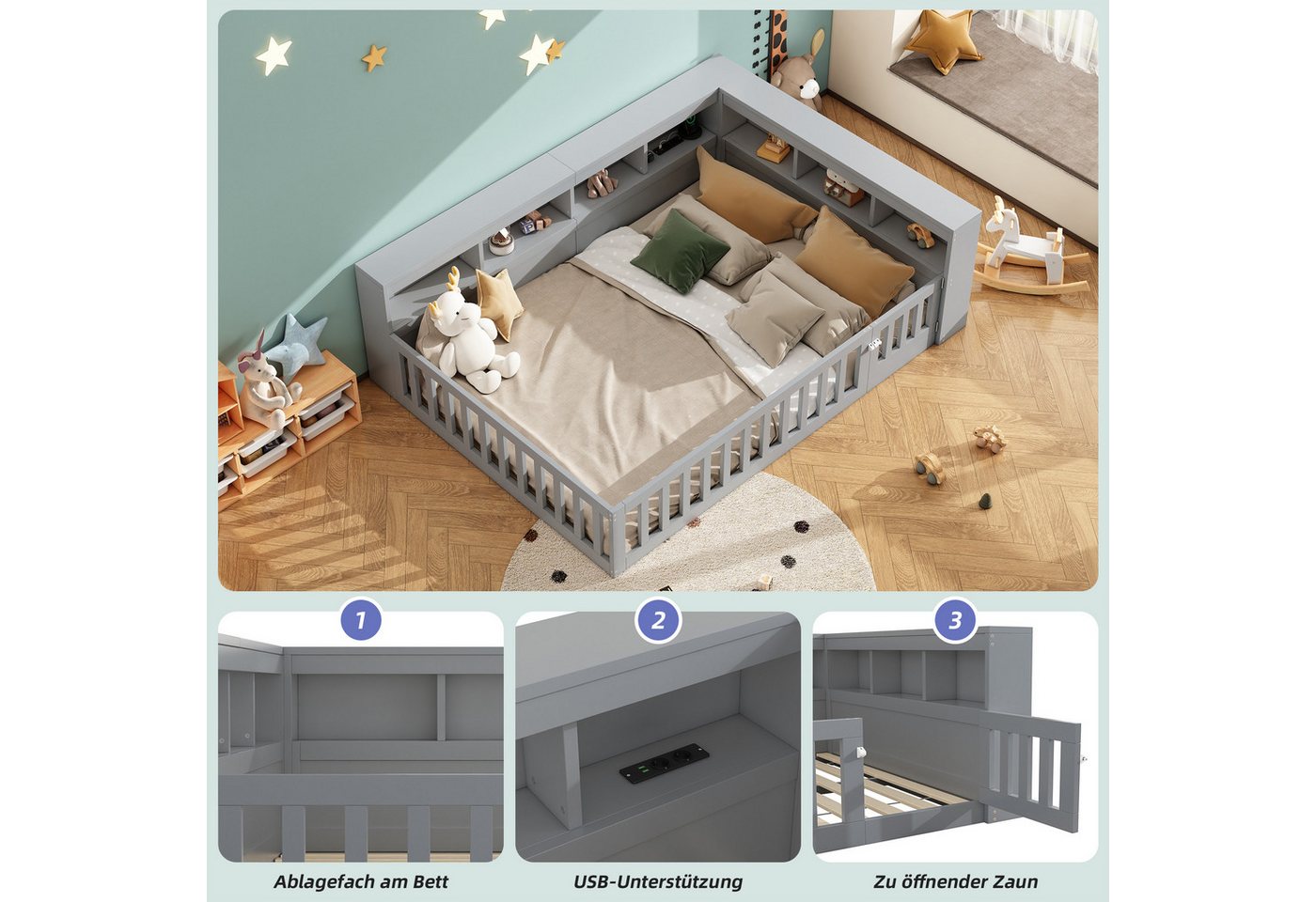 Flieks Holzbett, Kinderbett Daybett 140x200cm mit Stauraum, Aufladen und Geländer – Bild 4 von 5