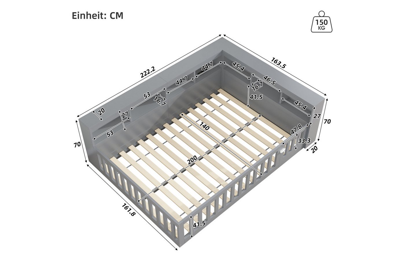 Flieks Holzbett, Kinderbett Daybett 140x200cm mit Stauraum, Aufladen und Geländer – Bild 5 von 5