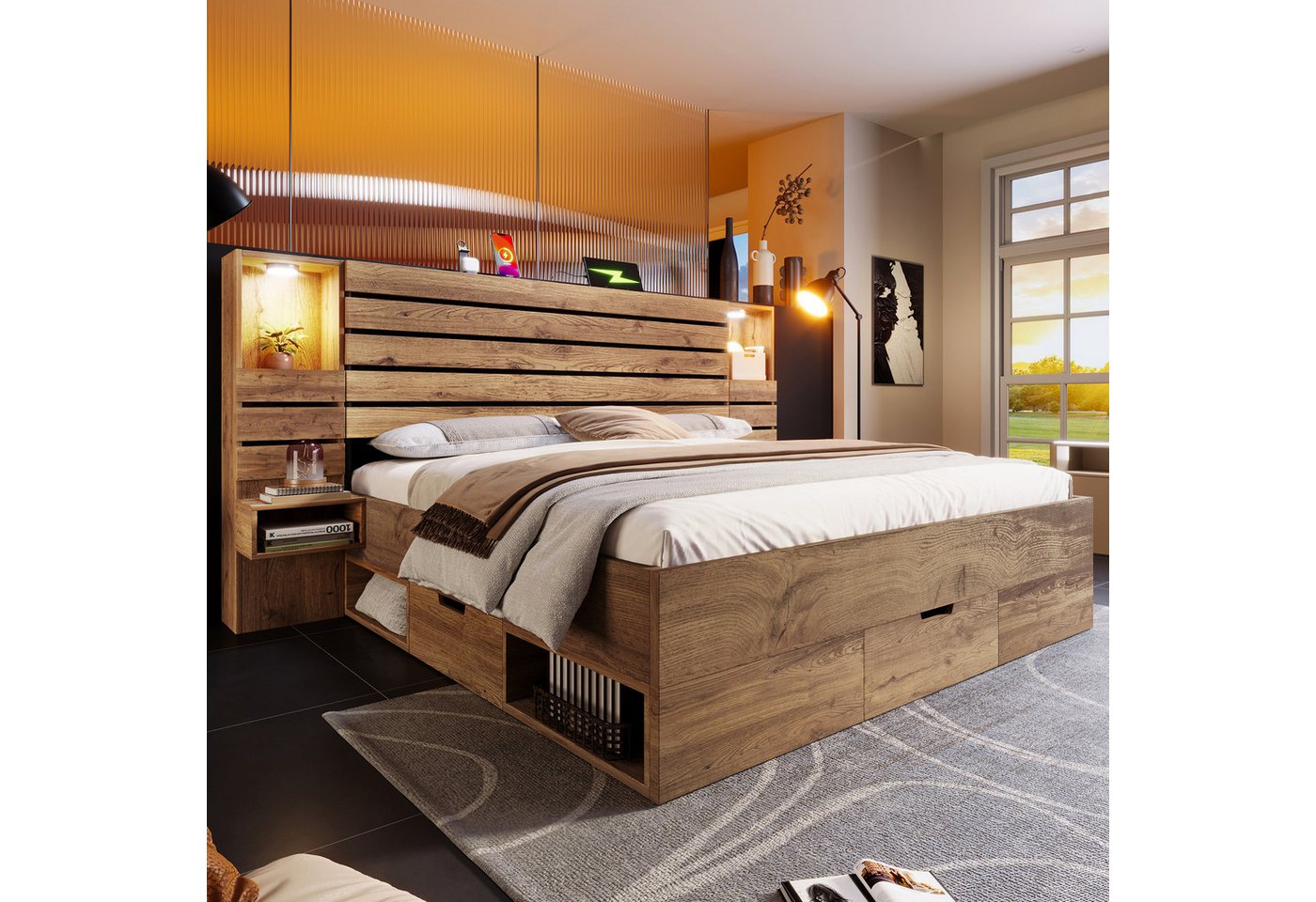 Flieks Holzbett, Doppelbett 180x200cm mit Leselicht USB/Type-C Nachttisch Schubladen – Bild 2 von 5