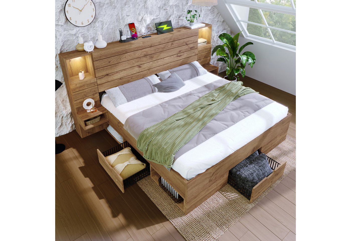 Flieks Holzbett, Doppelbett 180x200cm mit Leselicht USB/Type-C Nachttisch Schubladen – Bild 3 von 5