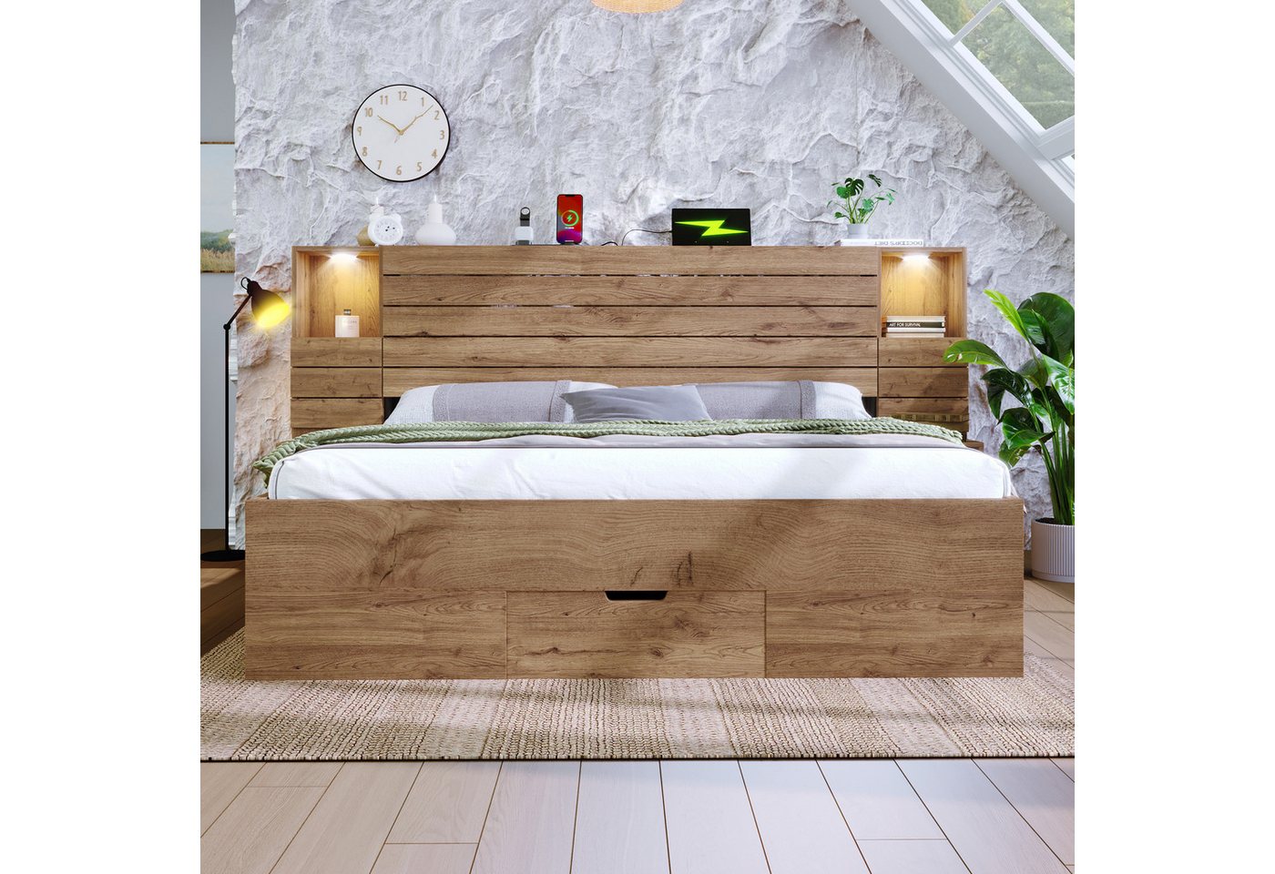 Flieks Holzbett, Doppelbett 180x200cm mit Leselicht USB/Type-C Nachttisch Schubladen – Bild 4 von 5
