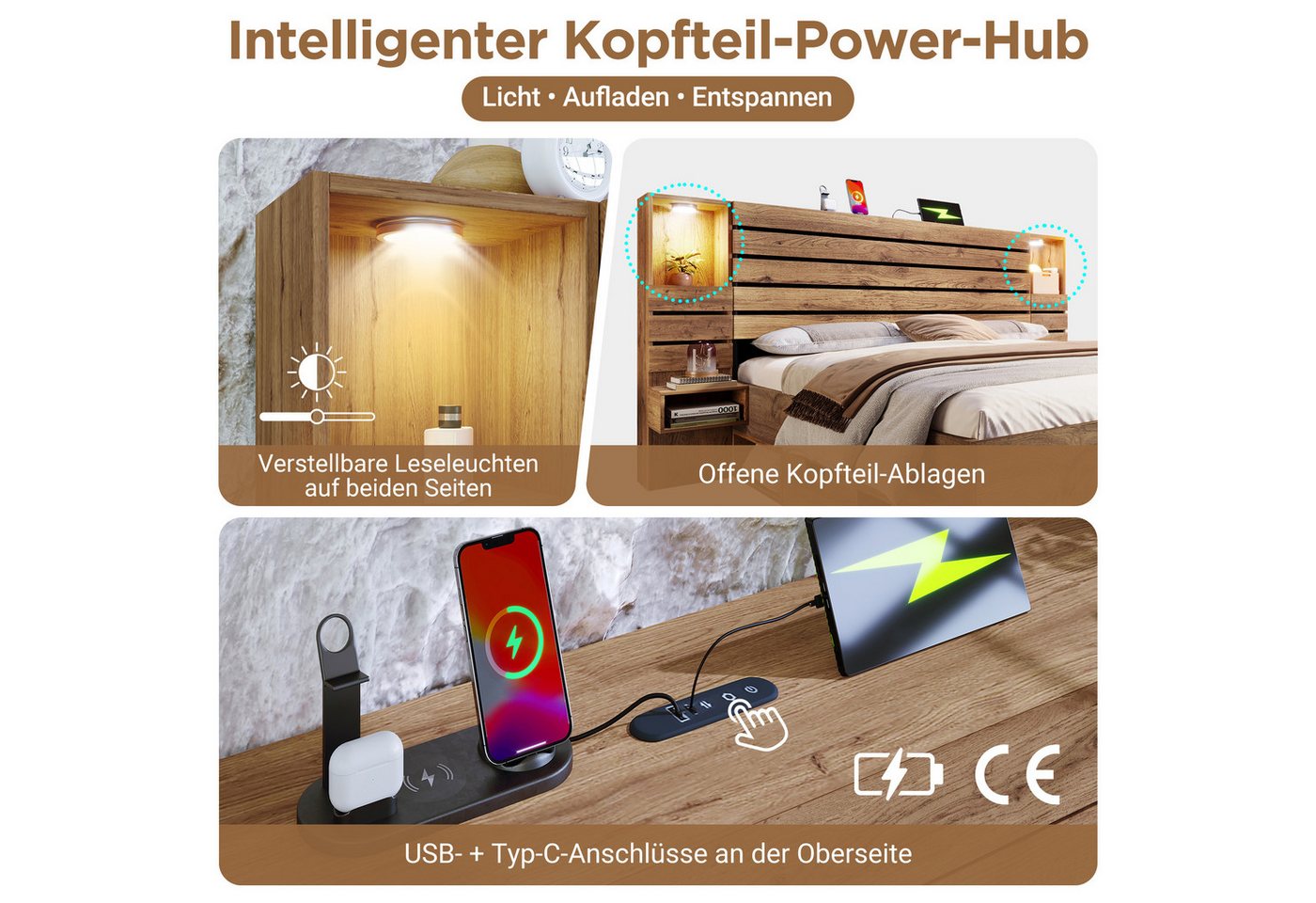 Flieks Holzbett, Doppelbett 180x200cm mit Leselicht USB/Type-C Nachttisch Schubladen – Bild 5 von 5